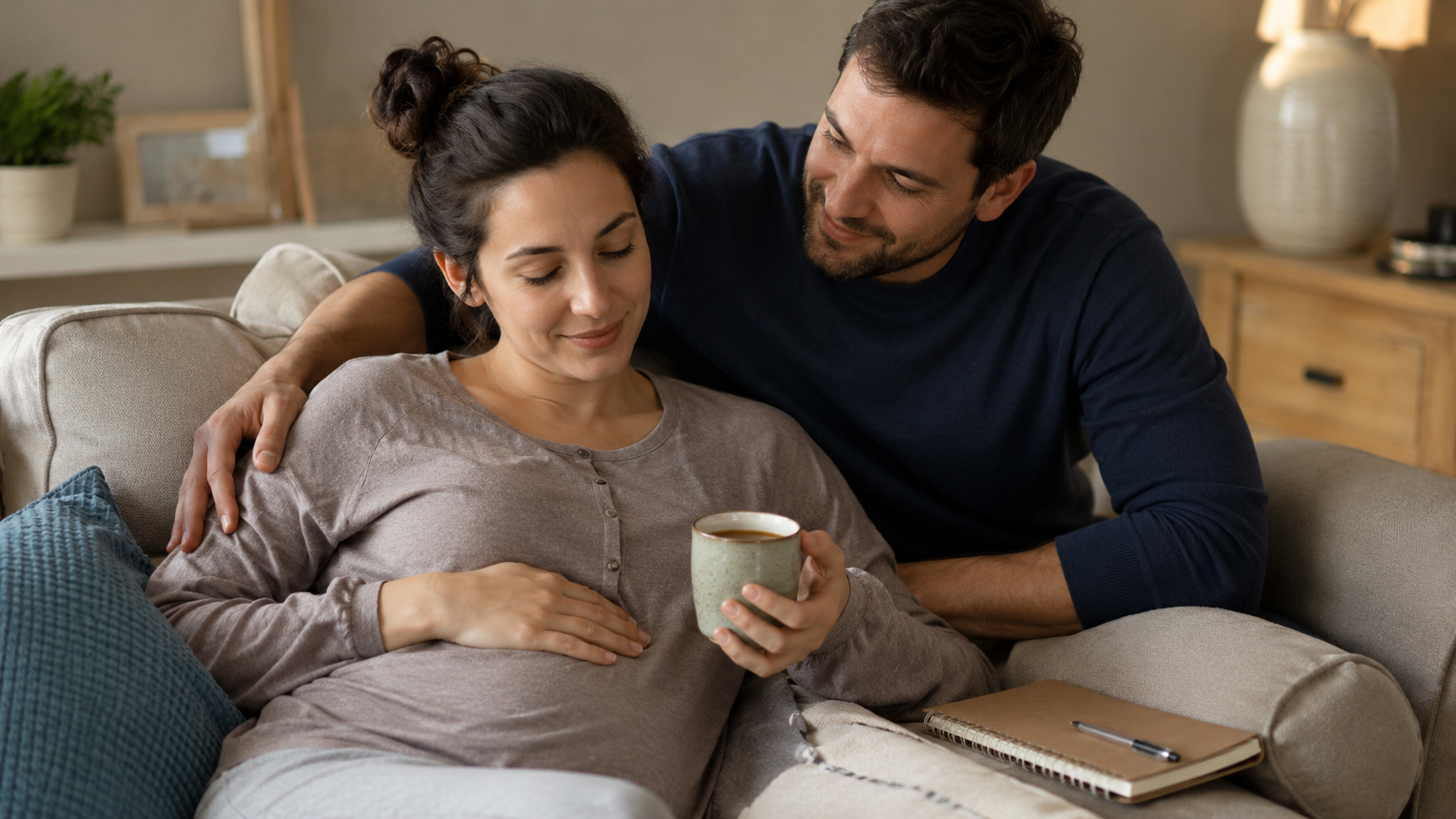 Expectant mother gently cradling her pregnancy bump